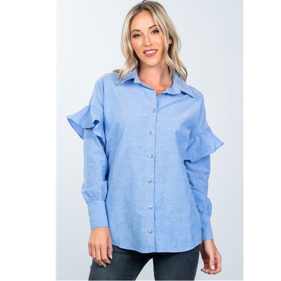 Blue Ruffle Drop Shoulder Shirt - Picture 3 of 6